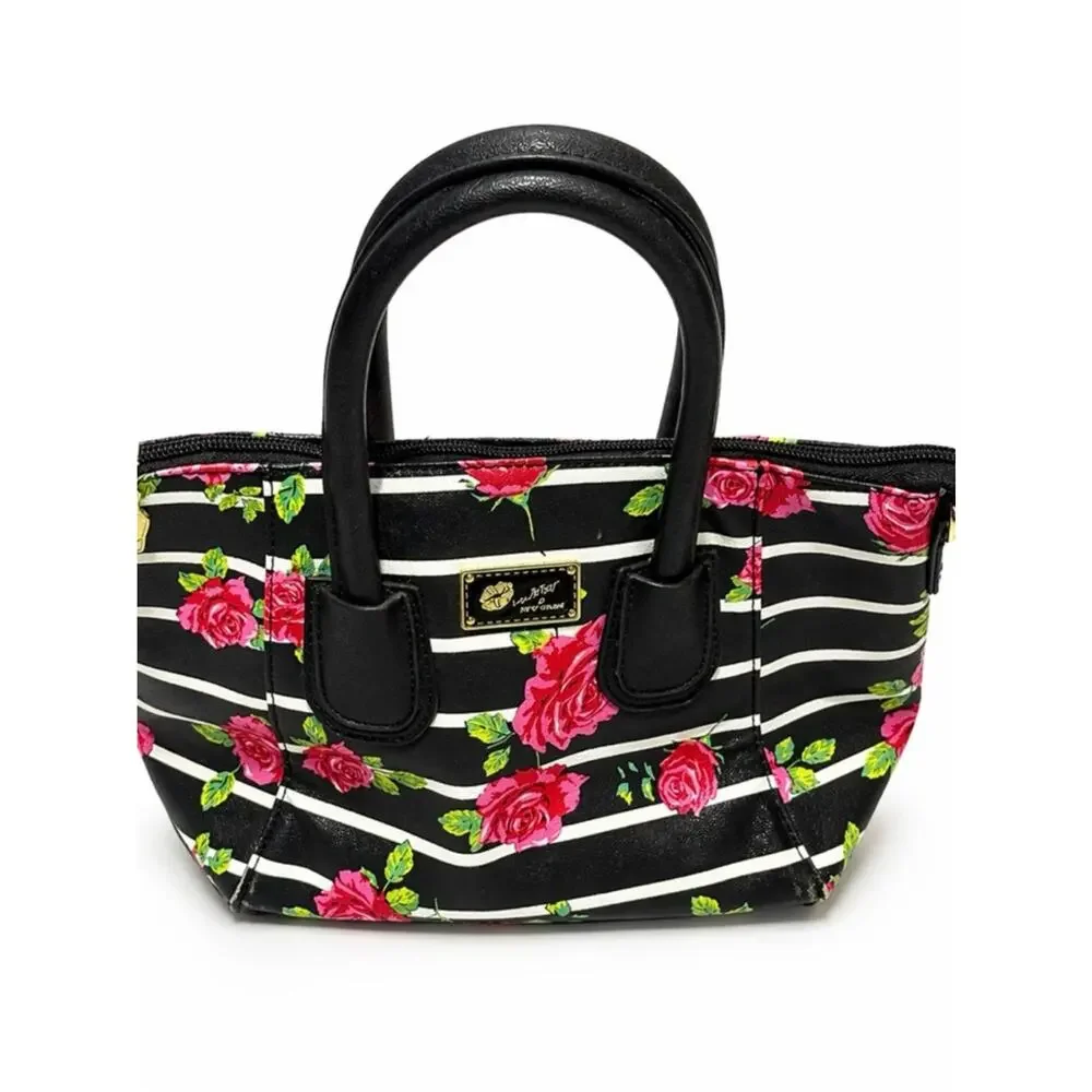 Betsey Johnson Floral Stripe Satchel Black Pink Rose Mini Handbag Y2K